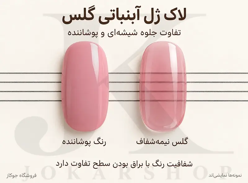 مقایسه نمایشی لاک ژل آبنباتی گلس نیمه‌شفاف با لاک ژل صورتی پوشاننده