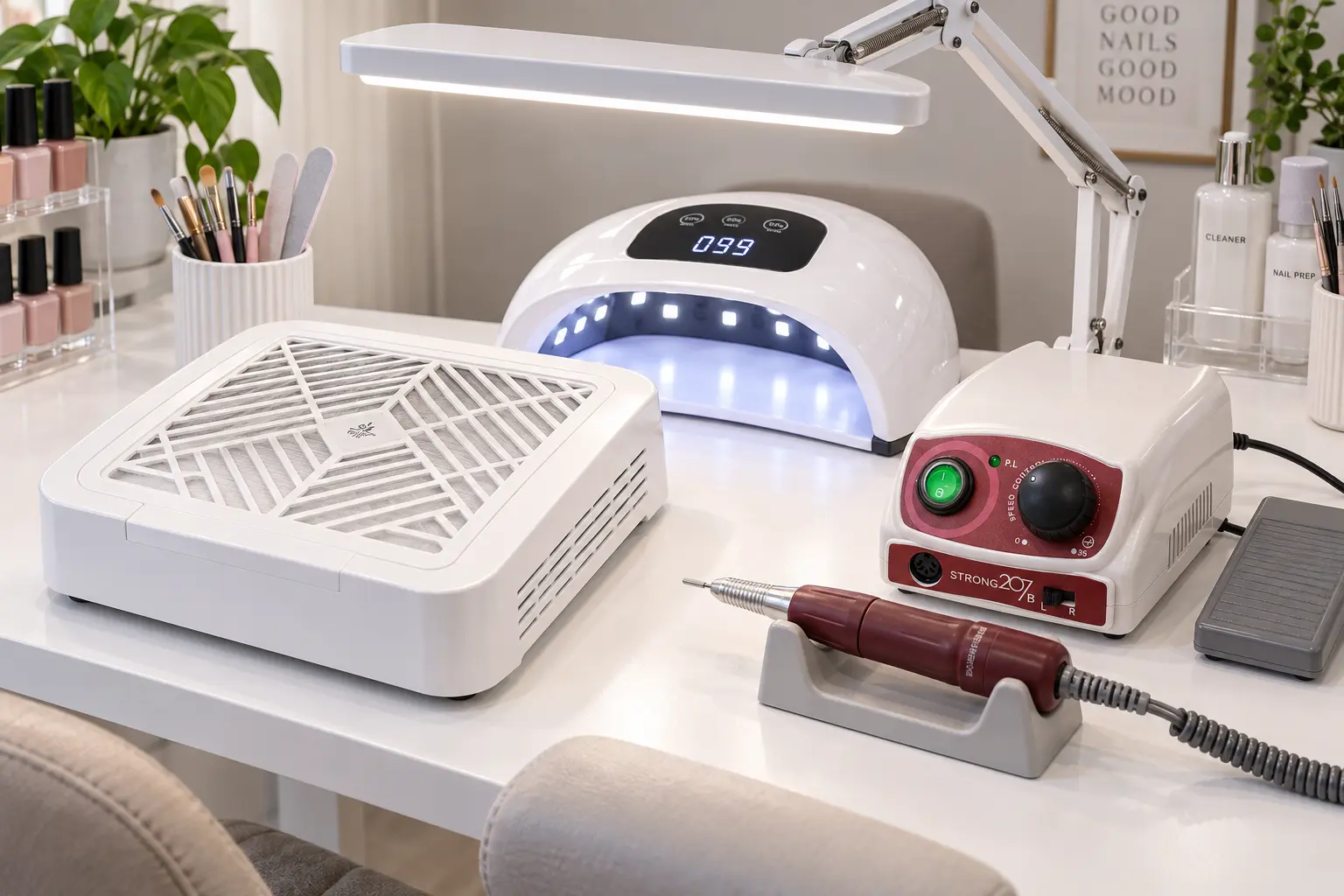 چیدمان سوهان برقی، دستگاه UV-LED، فن مکنده و چراغ روی میز ناخن