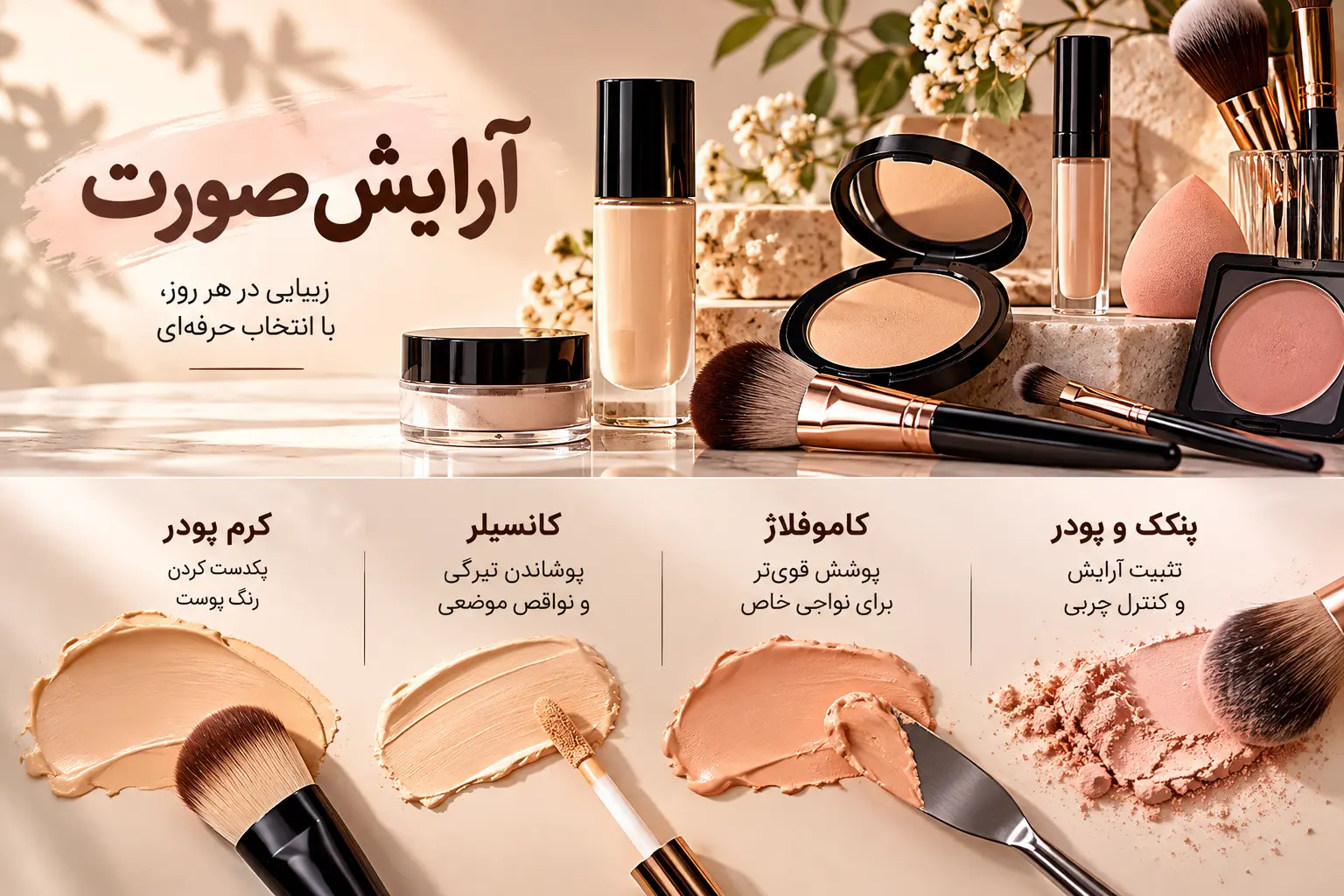 راهنمای تفاوت کرم پودر، کانسیلر و کاموفلاژ صورت از نظر کاربرد و میزان پوشانندگی