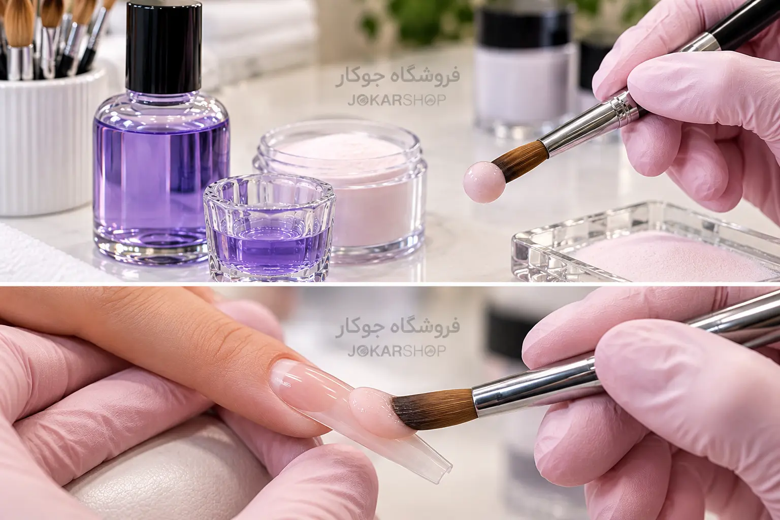 برداشتن گوی مواد اکریلیک با قلم و موادگذاری روی تیپ ناخن