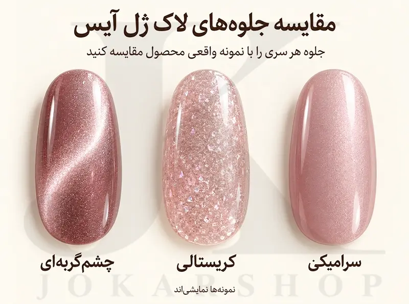 مقایسه نمایشی جلوه لاک ژل آیس سرامیکی، کریستالی و چشم‌گربه‌ای روی تیپ ناخن